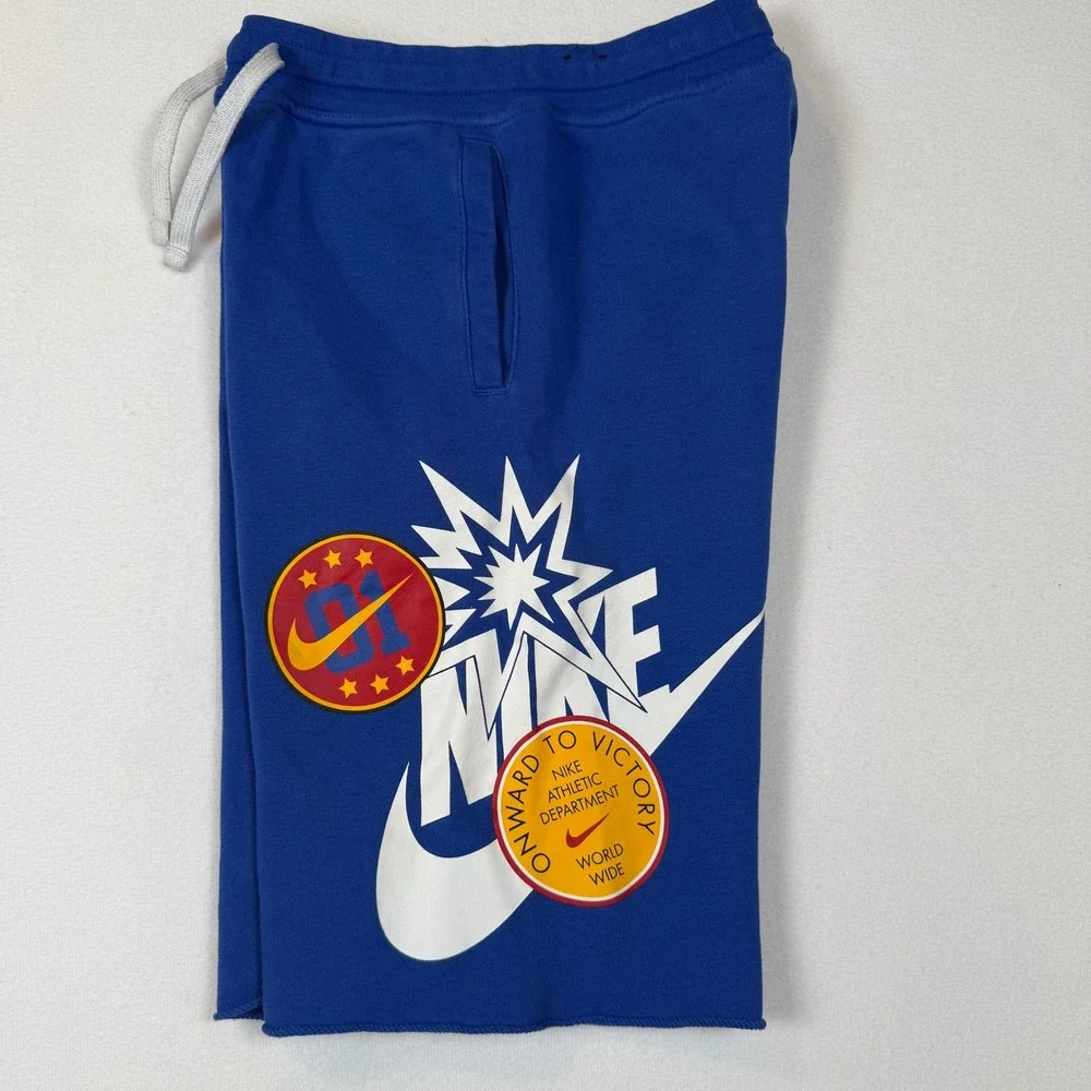 Nike Mens Large Blue Graphic Sweat Shorts Raw Hem Y2K Skater Hip Hop Drawstring